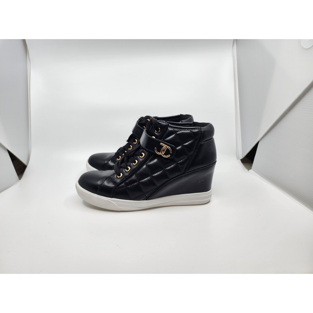 Juicy Couture JC-Journey Black Quilted Wedge Sneakers Gold Hardware Womens 10